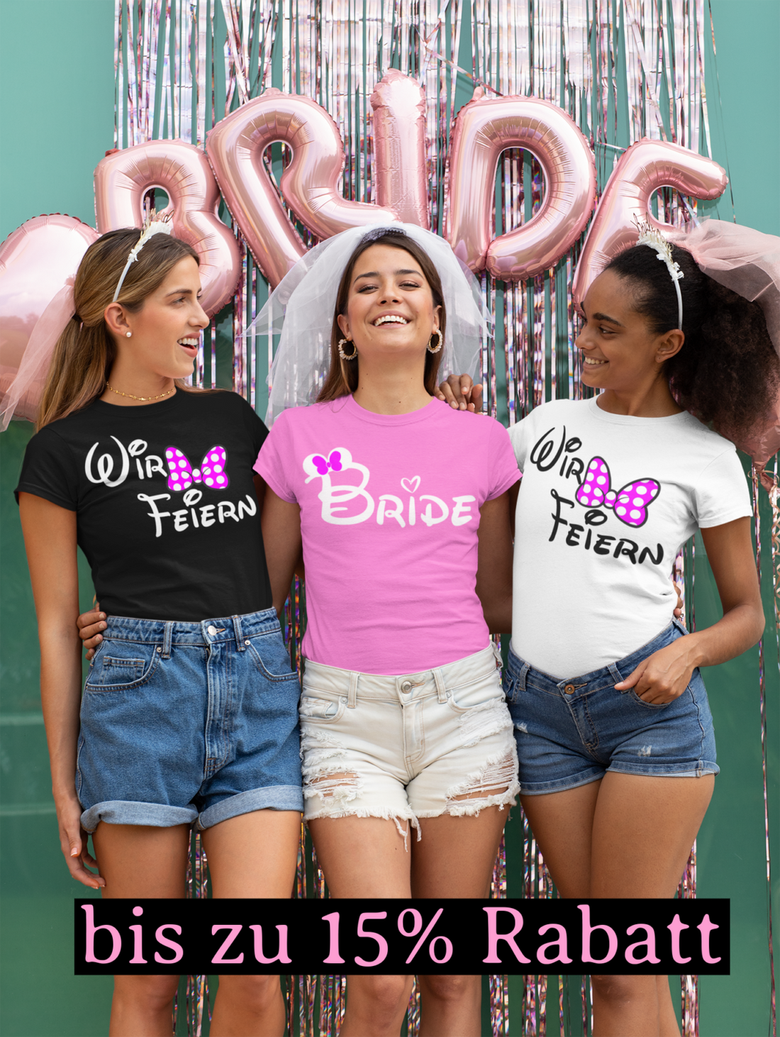 Trendfarben für JGA Kleidung 2023: Weiß, Schwarz und Pink für Braut und Crew mit attraktiven Rabatten und personalisierbaren Designs.