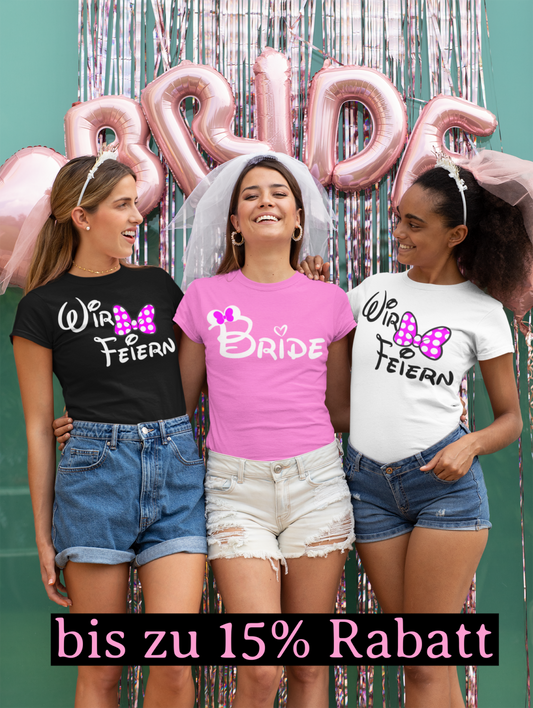Trendfarben für JGA Kleidung 2023: Weiß, Schwarz und Pink für Braut und Crew mit attraktiven Rabatten und personalisierbaren Designs.