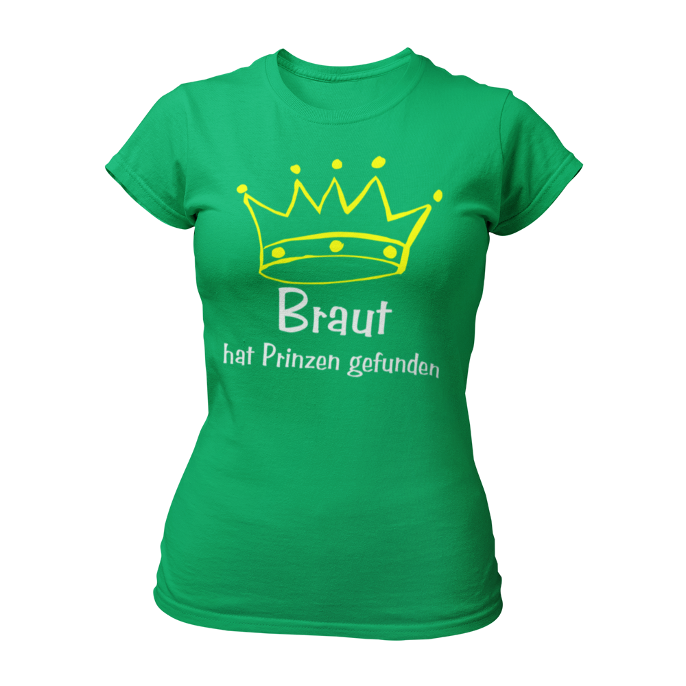 Damen-JGA T-Shirt für die Braut mit einer gelben Krone über dem verspielten pinken Schriftzug "Braut". Der Zusatz "hat ihren Prinzen gefunden" unterstreicht das Prinzessin-Feeling und den Anlass des Junggesellinnenabschieds. Das Shirt ist ideal für die Braut und kann mit passenden Motiven für die Brautmädels kombiniert werden, um ein einheitliches Outfit für die Feier zu schaffen.