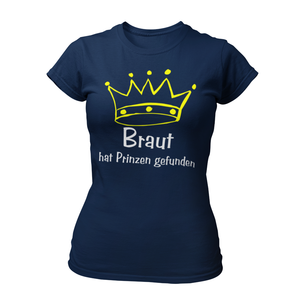 Damen-JGA T-Shirt für die Braut mit einer gelben Krone über dem verspielten pinken Schriftzug "Braut". Der Zusatz "hat ihren Prinzen gefunden" unterstreicht das Prinzessin-Feeling und den Anlass des Junggesellinnenabschieds. Das Shirt ist ideal für die Braut und kann mit passenden Motiven für die Brautmädels kombiniert werden, um ein einheitliches Outfit für die Feier zu schaffen.