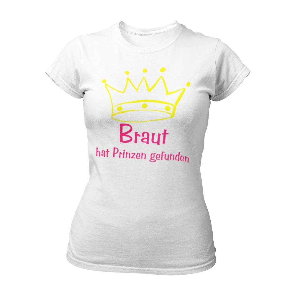 Damen-JGA T-Shirt für die Braut mit einer gelben Krone über dem verspielten pinken Schriftzug "Braut". Der Zusatz "hat ihren Prinzen gefunden" unterstreicht das Prinzessin-Feeling und den Anlass des Junggesellinnenabschieds. Das Shirt ist ideal für die Braut und kann mit passenden Motiven für die Brautmädels kombiniert werden, um ein einheitliches Outfit für die Feier zu schaffen.
