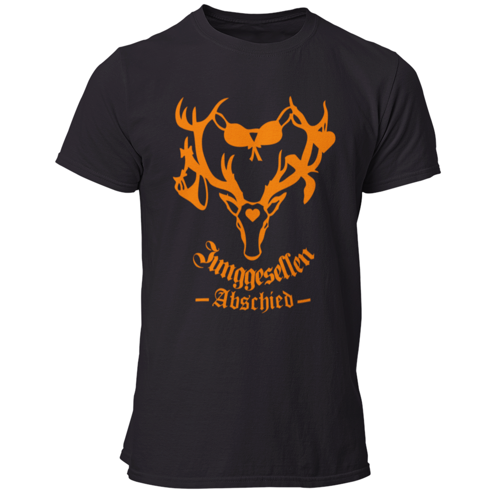 Männer T-Shirt 'Junggesellenabschied Geweih' mit einem auffälligen Design, das ein Geweih mit darauf hängenden Slips und BHs zeigt. Das Shirt symbolisiert die ausgelassenen Partys und Abenteuer, die der Junggeselle und seine Freunde in der Vergangenheit erlebt haben. Erhältlich in knalligen Farben wie Orange und Schwarz mit Kontrastdruck, hebt es den Bräutigam während des Junggesellenabschieds hervor. Dieses qualitativ hochwertige Shirt mit Rundkragen kombiniert Stil und Spaß und ist ideal für Fotos und Sel