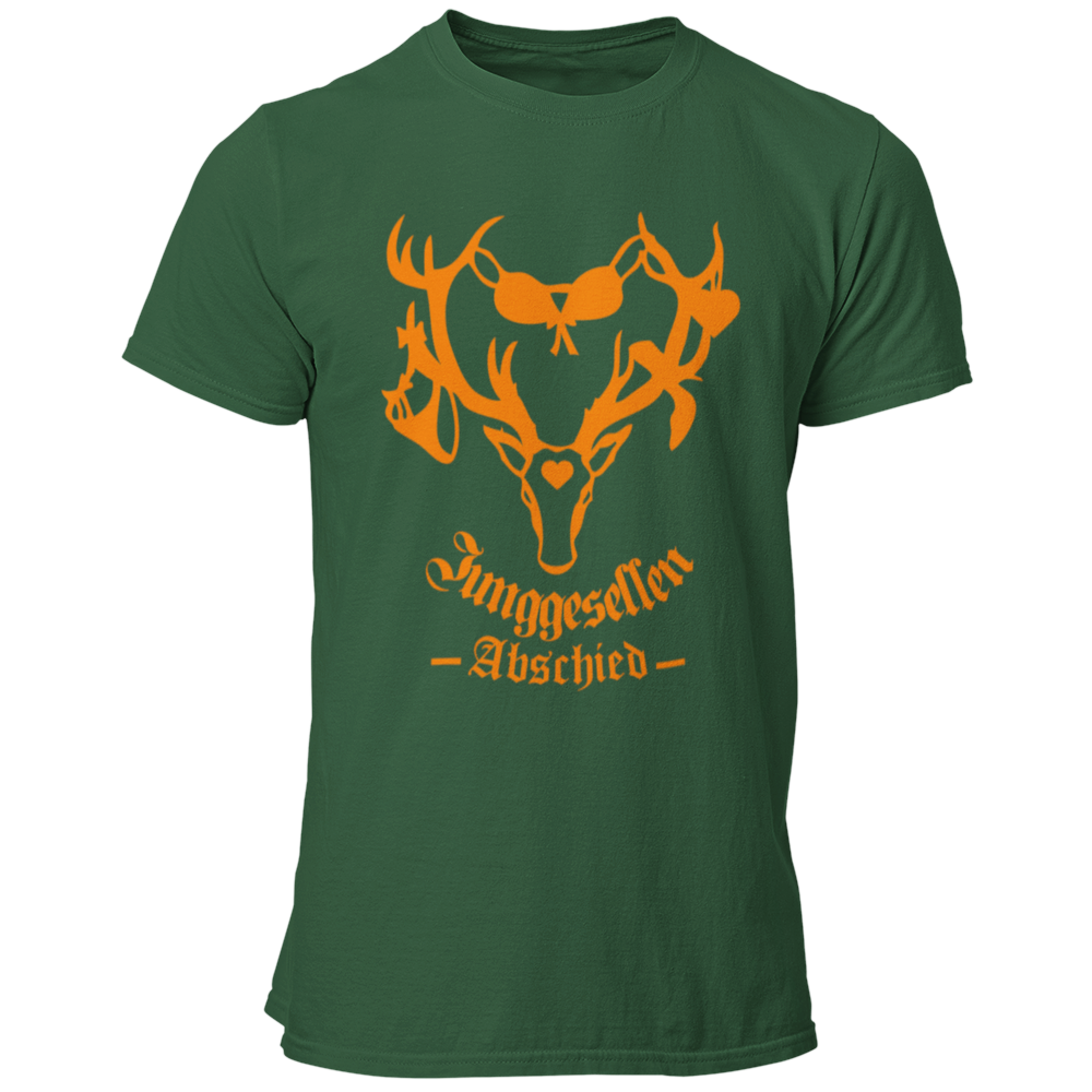Männer T-Shirt 'Junggesellenabschied Geweih' mit einem auffälligen Design, das ein Geweih mit darauf hängenden Slips und BHs zeigt. Das Shirt symbolisiert die ausgelassenen Partys und Abenteuer, die der Junggeselle und seine Freunde in der Vergangenheit erlebt haben. Erhältlich in knalligen Farben wie Orange und Schwarz mit Kontrastdruck, hebt es den Bräutigam während des Junggesellenabschieds hervor. Dieses qualitativ hochwertige Shirt mit Rundkragen kombiniert Stil und Spaß und ist ideal für Fotos und Sel