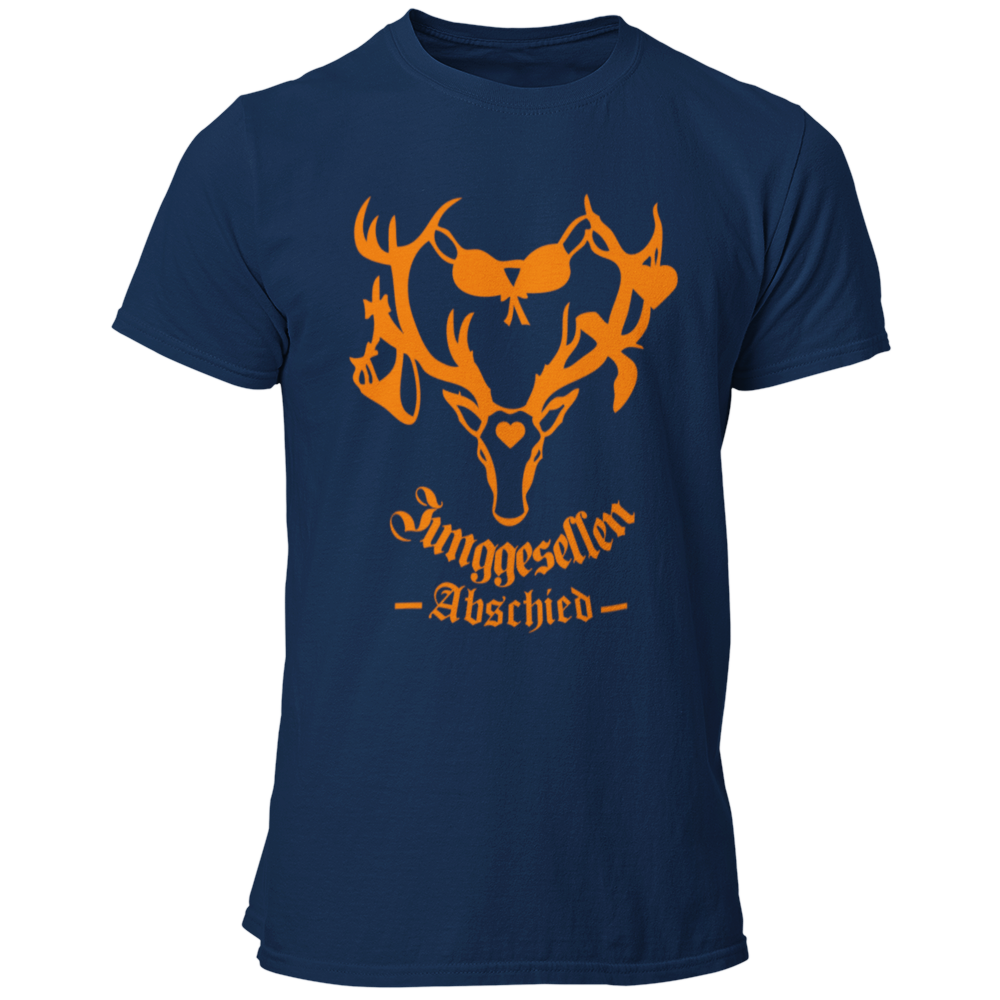 Männer T-Shirt 'Junggesellenabschied Geweih' mit einem auffälligen Design, das ein Geweih mit darauf hängenden Slips und BHs zeigt. Das Shirt symbolisiert die ausgelassenen Partys und Abenteuer, die der Junggeselle und seine Freunde in der Vergangenheit erlebt haben. Erhältlich in knalligen Farben wie Orange und Schwarz mit Kontrastdruck, hebt es den Bräutigam während des Junggesellenabschieds hervor. Dieses qualitativ hochwertige Shirt mit Rundkragen kombiniert Stil und Spaß und ist ideal für Fotos und Sel