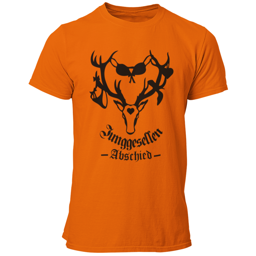 Männer T-Shirt 'Junggesellenabschied Geweih' mit einem auffälligen Design, das ein Geweih mit darauf hängenden Slips und BHs zeigt. Das Shirt symbolisiert die ausgelassenen Partys und Abenteuer, die der Junggeselle und seine Freunde in der Vergangenheit erlebt haben. Erhältlich in knalligen Farben wie Orange und Schwarz mit Kontrastdruck, hebt es den Bräutigam während des Junggesellenabschieds hervor. Dieses qualitativ hochwertige Shirt mit Rundkragen kombiniert Stil und Spaß und ist ideal für Fotos und Sel