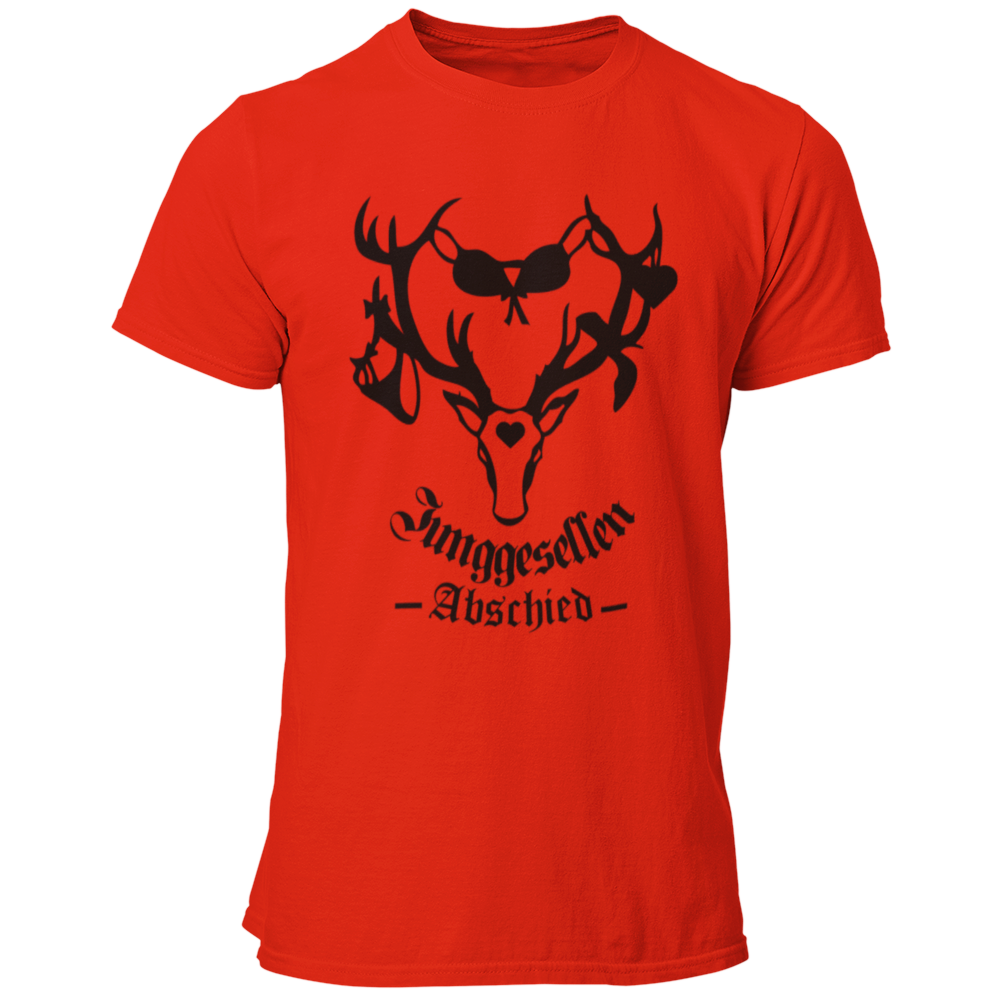 Männer T-Shirt 'Junggesellenabschied Geweih' mit einem auffälligen Design, das ein Geweih mit darauf hängenden Slips und BHs zeigt. Das Shirt symbolisiert die ausgelassenen Partys und Abenteuer, die der Junggeselle und seine Freunde in der Vergangenheit erlebt haben. Erhältlich in knalligen Farben wie Orange und Schwarz mit Kontrastdruck, hebt es den Bräutigam während des Junggesellenabschieds hervor. Dieses qualitativ hochwertige Shirt mit Rundkragen kombiniert Stil und Spaß und ist ideal für Fotos und Sel