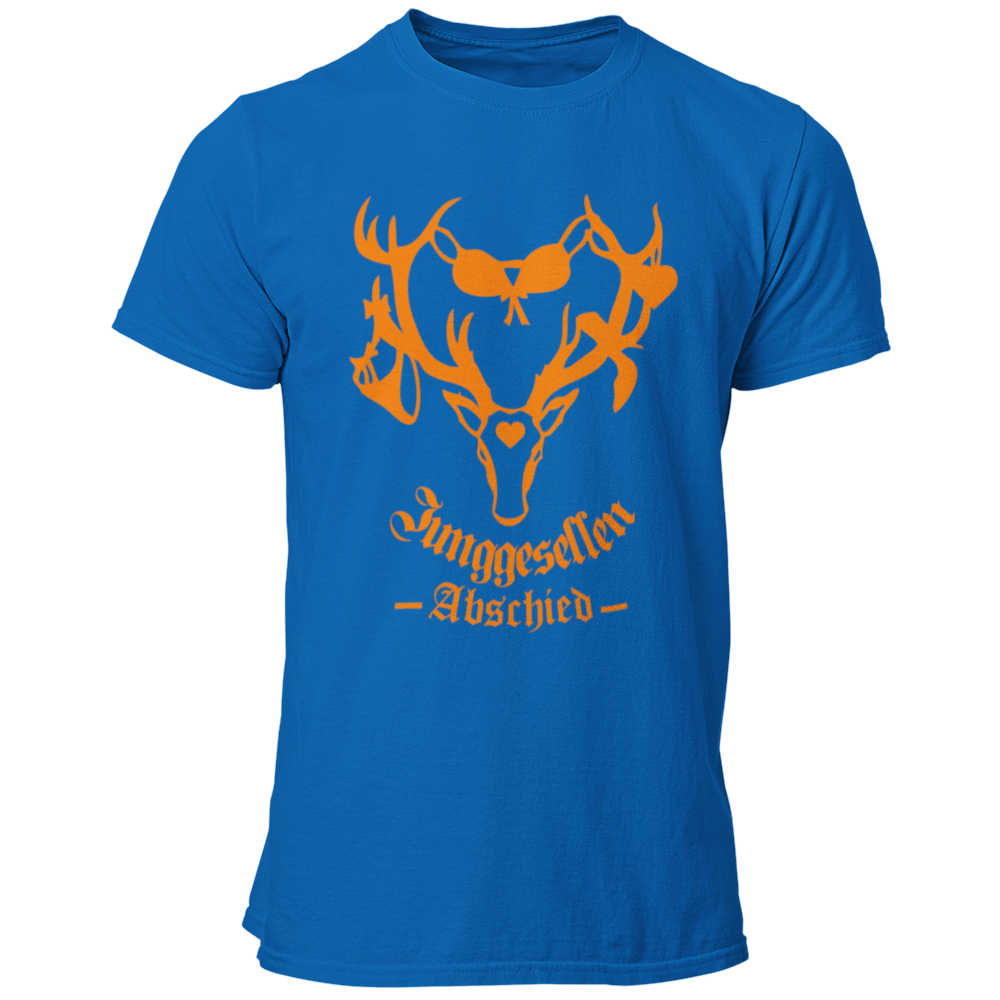 Männer T-Shirt 'Junggesellenabschied Geweih' mit einem auffälligen Design, das ein Geweih mit darauf hängenden Slips und BHs zeigt. Das Shirt symbolisiert die ausgelassenen Partys und Abenteuer, die der Junggeselle und seine Freunde in der Vergangenheit erlebt haben. Erhältlich in knalligen Farben wie Orange und Schwarz mit Kontrastdruck, hebt es den Bräutigam während des Junggesellenabschieds hervor. Dieses qualitativ hochwertige Shirt mit Rundkragen kombiniert Stil und Spaß und ist ideal für Fotos und Sel