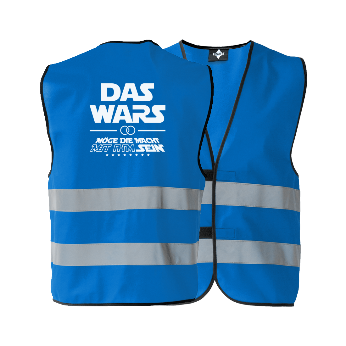 JGA Warnweste für Männer in verschiedenen Farben, inspiriert von der Star Wars Trilogie, mit Reflektionsstreifen und Abspann-ähnlichem Schriftstil, ideal für Junggesellenabschiede.