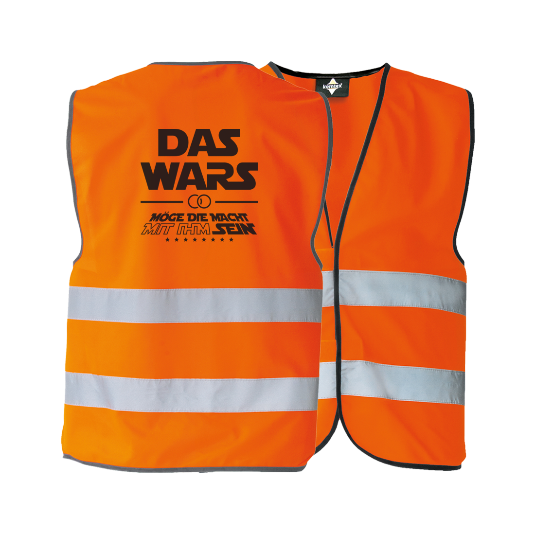 JGA Warnweste für Männer in verschiedenen Farben, inspiriert von der Star Wars Trilogie, mit Reflektionsstreifen und Abspann-ähnlichem Schriftstil, ideal für Junggesellenabschiede.
