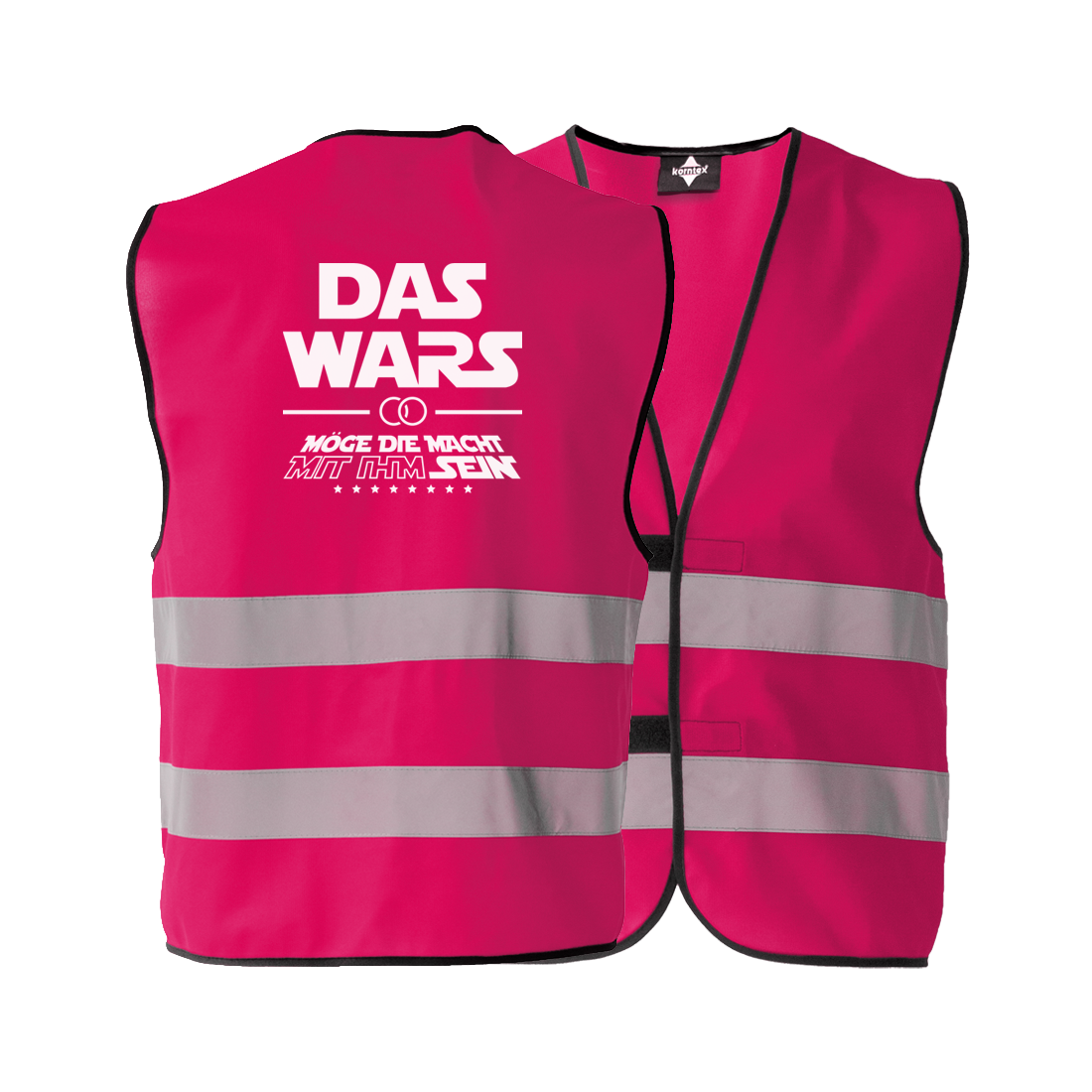 JGA Warnweste für Männer in verschiedenen Farben, inspiriert von der Star Wars Trilogie, mit Reflektionsstreifen und Abspann-ähnlichem Schriftstil, ideal für Junggesellenabschiede.