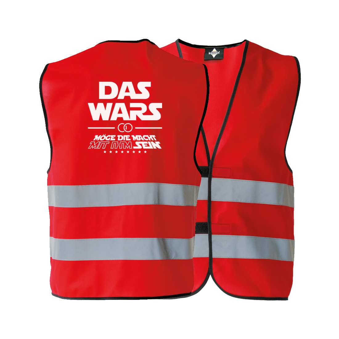 JGA Warnweste für Männer in verschiedenen Farben, inspiriert von der Star Wars Trilogie, mit Reflektionsstreifen und Abspann-ähnlichem Schriftstil, ideal für Junggesellenabschiede.