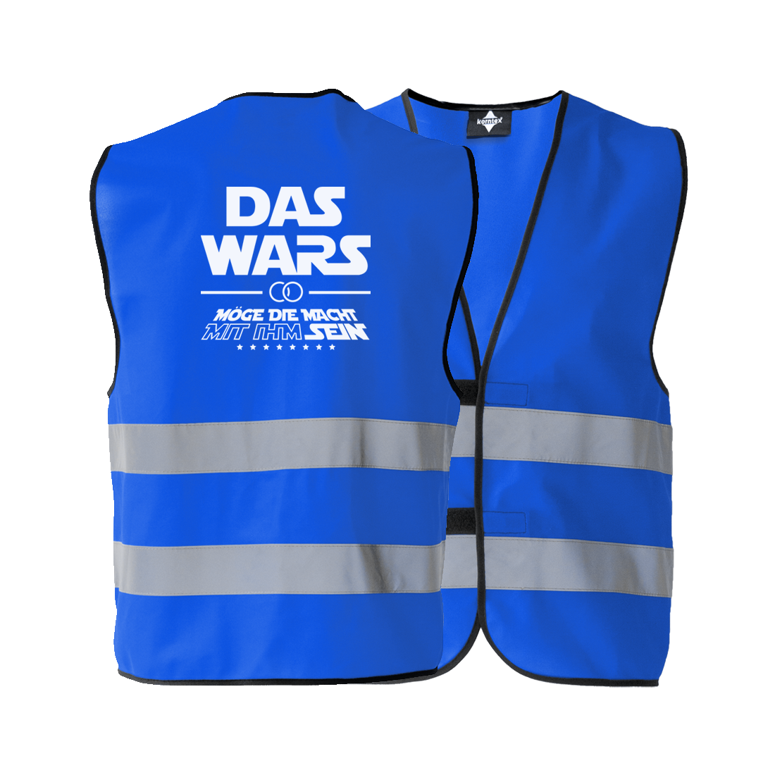 JGA Warnweste für Männer in verschiedenen Farben, inspiriert von der Star Wars Trilogie, mit Reflektionsstreifen und Abspann-ähnlichem Schriftstil, ideal für Junggesellenabschiede.