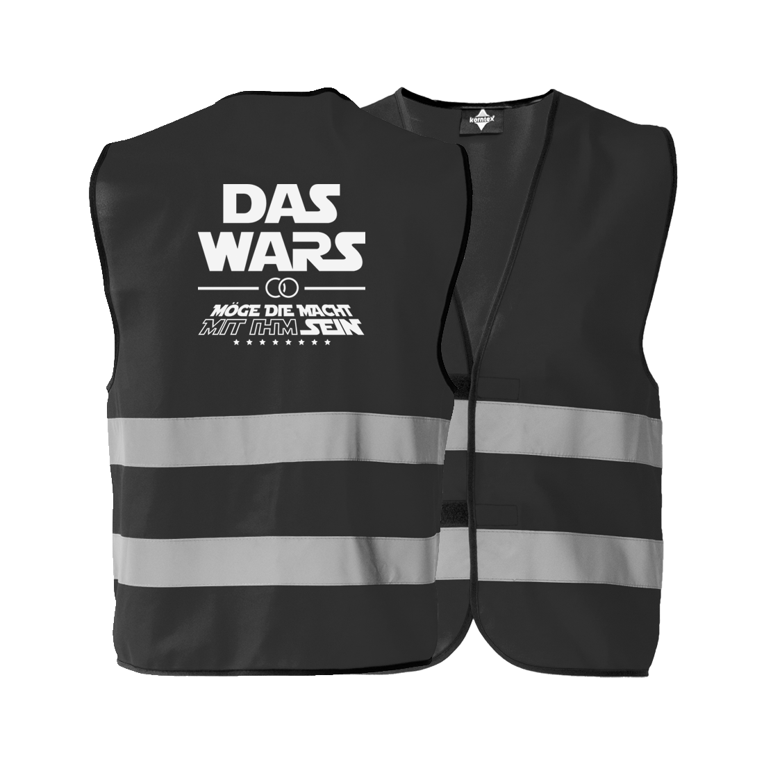 JGA Warnweste für Männer in verschiedenen Farben, inspiriert von der Star Wars Trilogie, mit Reflektionsstreifen und Abspann-ähnlichem Schriftstil, ideal für Junggesellenabschiede.