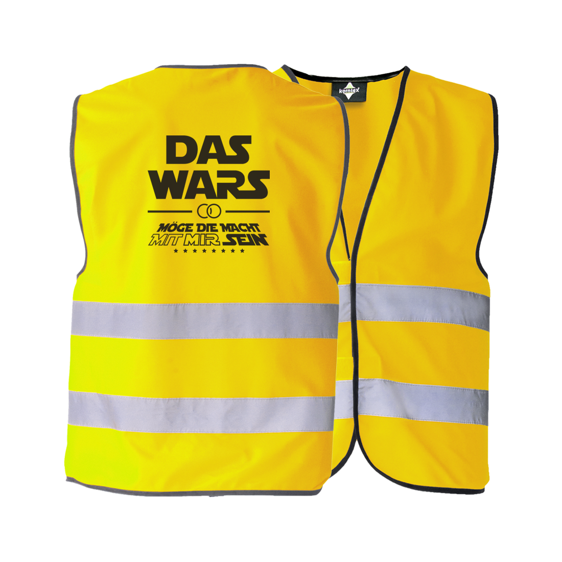JGA Warnweste "Das Wars (mit mir)" für Junggesellenabschiede; inspiriert von Star Wars, ideal für Fans der Trilogie; kann über jedem Kleidungsstück getragen werden, flexibel und wetterunabhängig; erhältlich in zehn verschiedenen Farben; betont den Anlass des Abends mit einer originellen Botschaft, die das Ende der Junggesellenzeit feiert; ausgestattet mit zwei Klettverschlüssen zur Größenverstellung und zwei breiten Reflektionsstreifen für Sicherheit; schwarz eingesäumt; Unisex-Design, passend für jede Körp