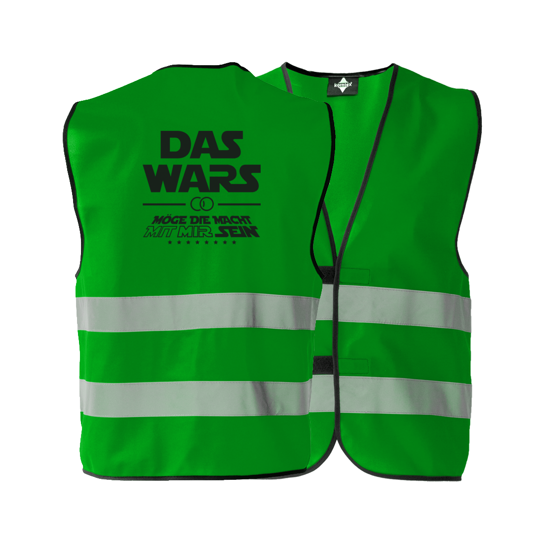 JGA Warnweste "Das Wars (mit mir)" für Junggesellenabschiede; inspiriert von Star Wars, ideal für Fans der Trilogie; kann über jedem Kleidungsstück getragen werden, flexibel und wetterunabhängig; erhältlich in zehn verschiedenen Farben; betont den Anlass des Abends mit einer originellen Botschaft, die das Ende der Junggesellenzeit feiert; ausgestattet mit zwei Klettverschlüssen zur Größenverstellung und zwei breiten Reflektionsstreifen für Sicherheit; schwarz eingesäumt; Unisex-Design, passend für jede Körp