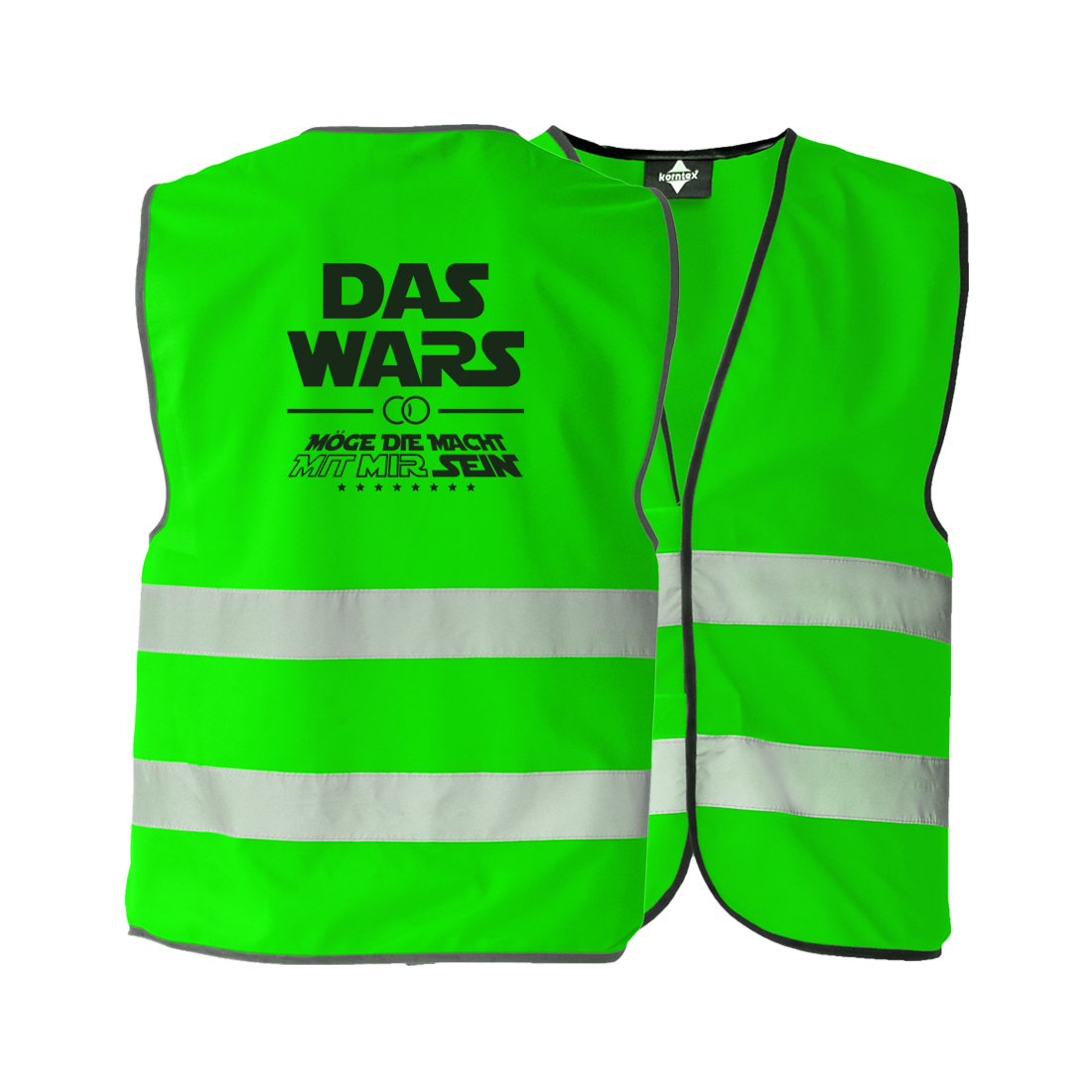 JGA Warnweste "Das Wars (mit mir)" für Junggesellenabschiede; inspiriert von Star Wars, ideal für Fans der Trilogie; kann über jedem Kleidungsstück getragen werden, flexibel und wetterunabhängig; erhältlich in zehn verschiedenen Farben; betont den Anlass des Abends mit einer originellen Botschaft, die das Ende der Junggesellenzeit feiert; ausgestattet mit zwei Klettverschlüssen zur Größenverstellung und zwei breiten Reflektionsstreifen für Sicherheit; schwarz eingesäumt; Unisex-Design, passend für jede Körp