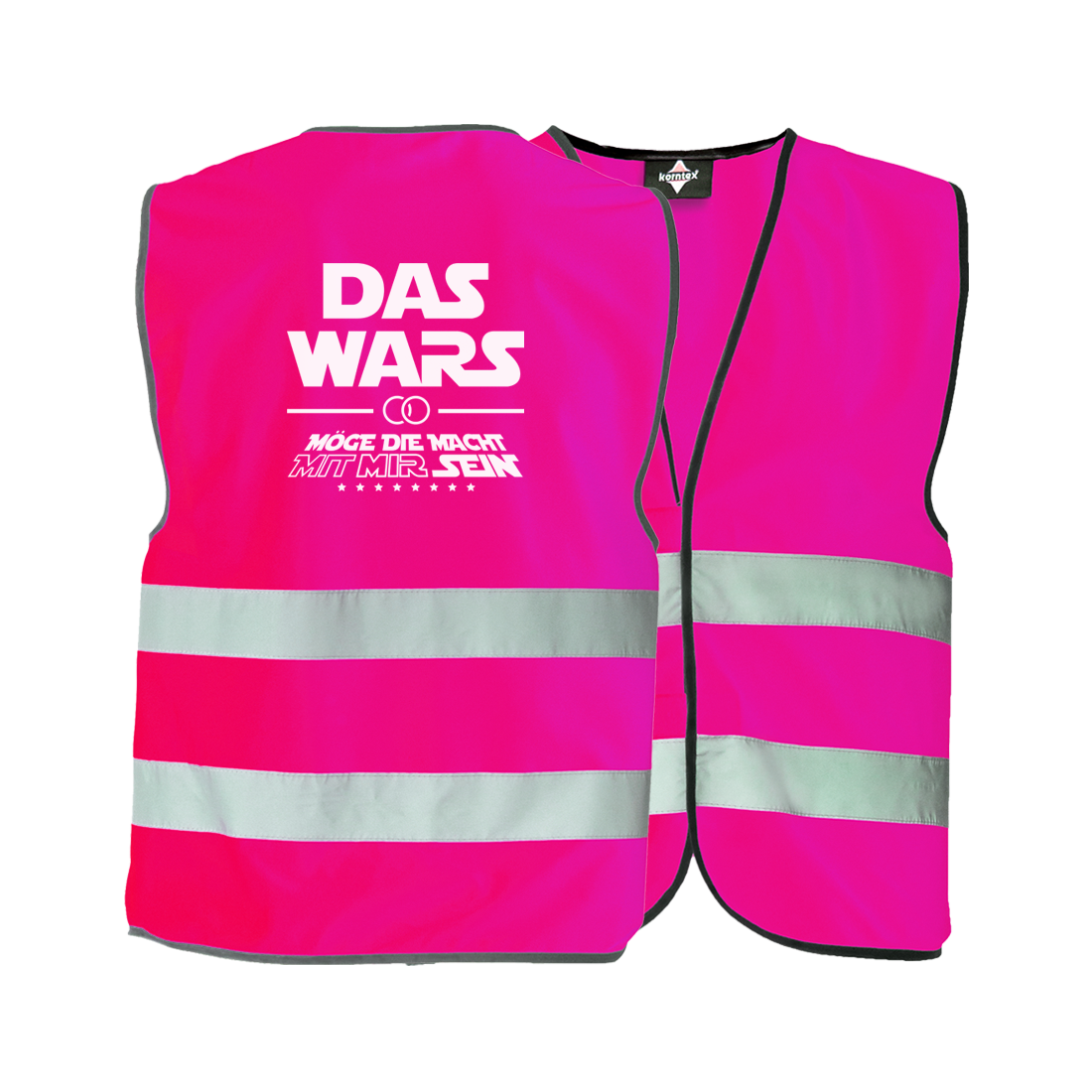 JGA Warnweste "Das Wars (mit mir)" für Junggesellenabschiede; inspiriert von Star Wars, ideal für Fans der Trilogie; kann über jedem Kleidungsstück getragen werden, flexibel und wetterunabhängig; erhältlich in zehn verschiedenen Farben; betont den Anlass des Abends mit einer originellen Botschaft, die das Ende der Junggesellenzeit feiert; ausgestattet mit zwei Klettverschlüssen zur Größenverstellung und zwei breiten Reflektionsstreifen für Sicherheit; schwarz eingesäumt; Unisex-Design, passend für jede Körp
