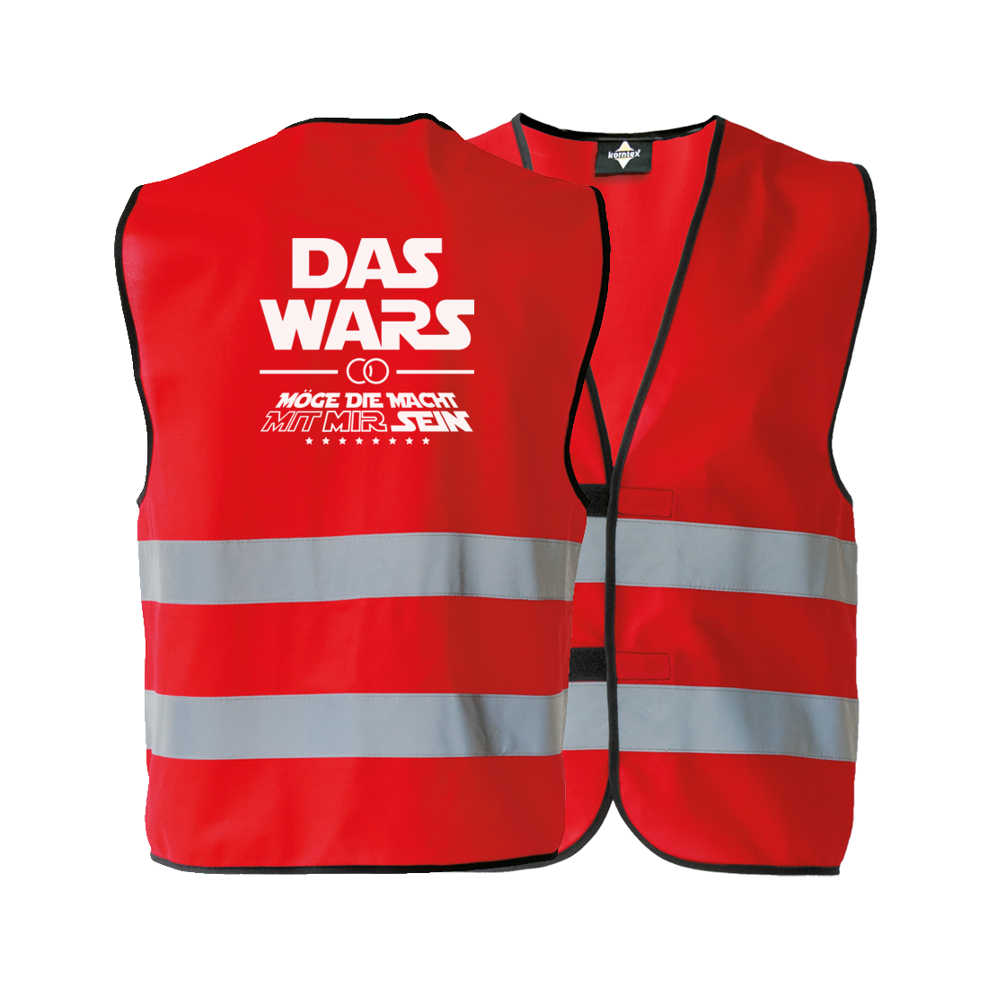 JGA Warnweste "Das Wars (mit mir)" für Junggesellenabschiede; inspiriert von Star Wars, ideal für Fans der Trilogie; kann über jedem Kleidungsstück getragen werden, flexibel und wetterunabhängig; erhältlich in zehn verschiedenen Farben; betont den Anlass des Abends mit einer originellen Botschaft, die das Ende der Junggesellenzeit feiert; ausgestattet mit zwei Klettverschlüssen zur Größenverstellung und zwei breiten Reflektionsstreifen für Sicherheit; schwarz eingesäumt; Unisex-Design, passend für jede Körp