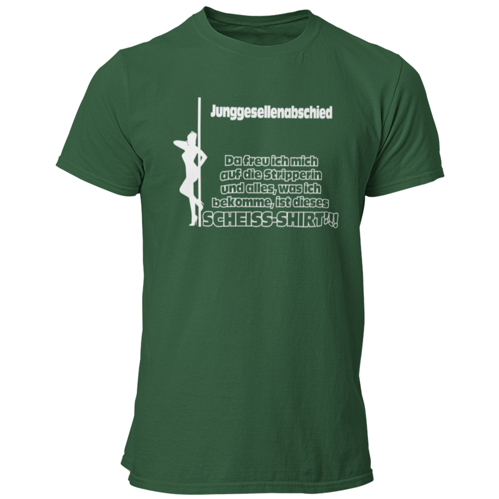 Das JGA T-Shirt "Scheiß Shirt" bringt die perfekte Mischung aus Humor und Vorfreude auf den Junggesellenabschied! Mit dem witzigen Spruch „Da freut man sich auf die Stripperin und alles, was man bekommt, ist dieses Scheiß JGA Shirt!“ sorgt es für viele Lacher unter Freunden. Egal, ob die Stripperin kommt oder nicht – der Fokus liegt auf dem Feiern in der Gruppe und dem Feiern der bevorstehenden Hochzeit