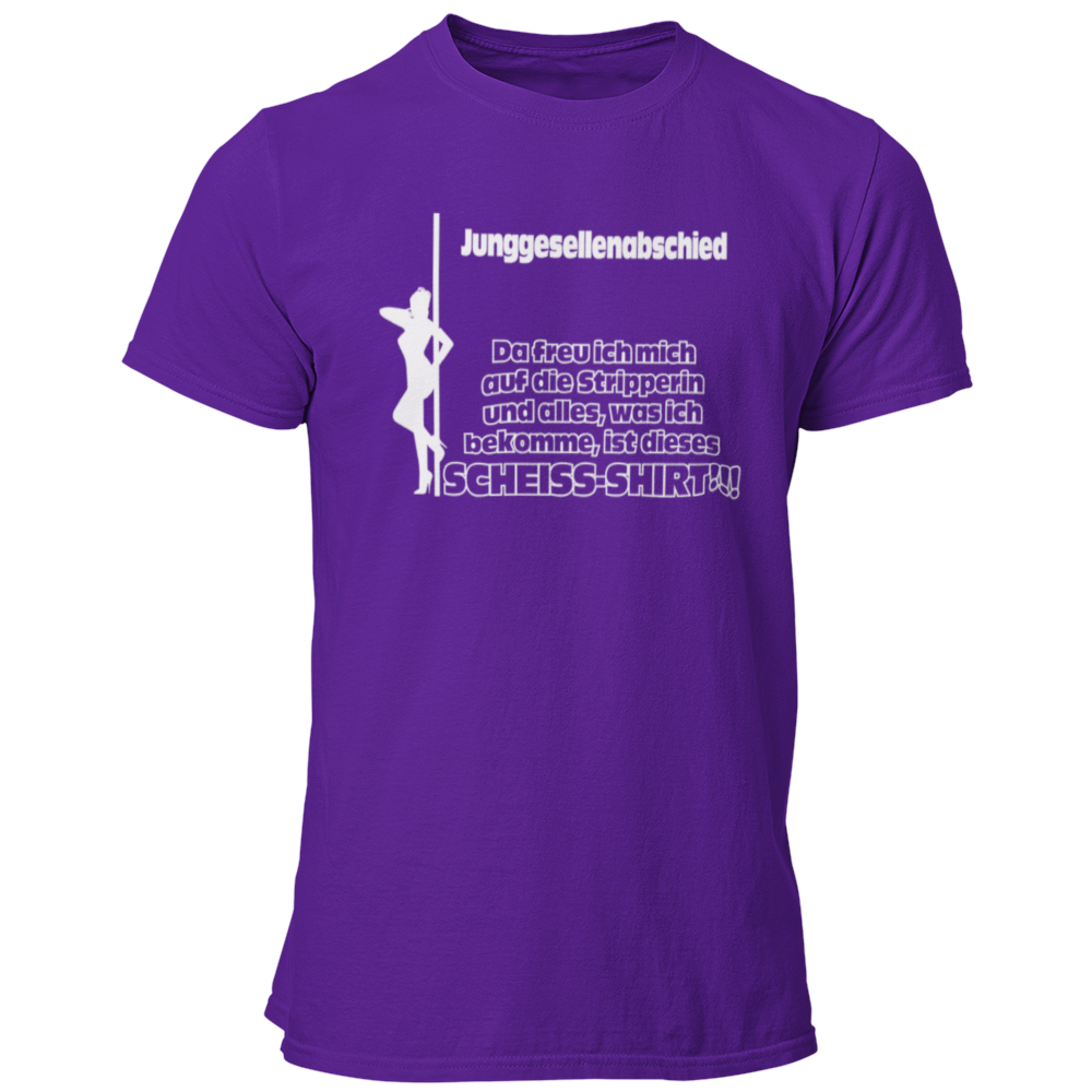 Das JGA T-Shirt "Scheiß Shirt" bringt die perfekte Mischung aus Humor und Vorfreude auf den Junggesellenabschied! Mit dem witzigen Spruch „Da freut man sich auf die Stripperin und alles, was man bekommt, ist dieses Scheiß JGA Shirt!“ sorgt es für viele Lacher unter Freunden. Egal, ob die Stripperin kommt oder nicht – der Fokus liegt auf dem Feiern in der Gruppe und dem Feiern der bevorstehenden Hochzeit