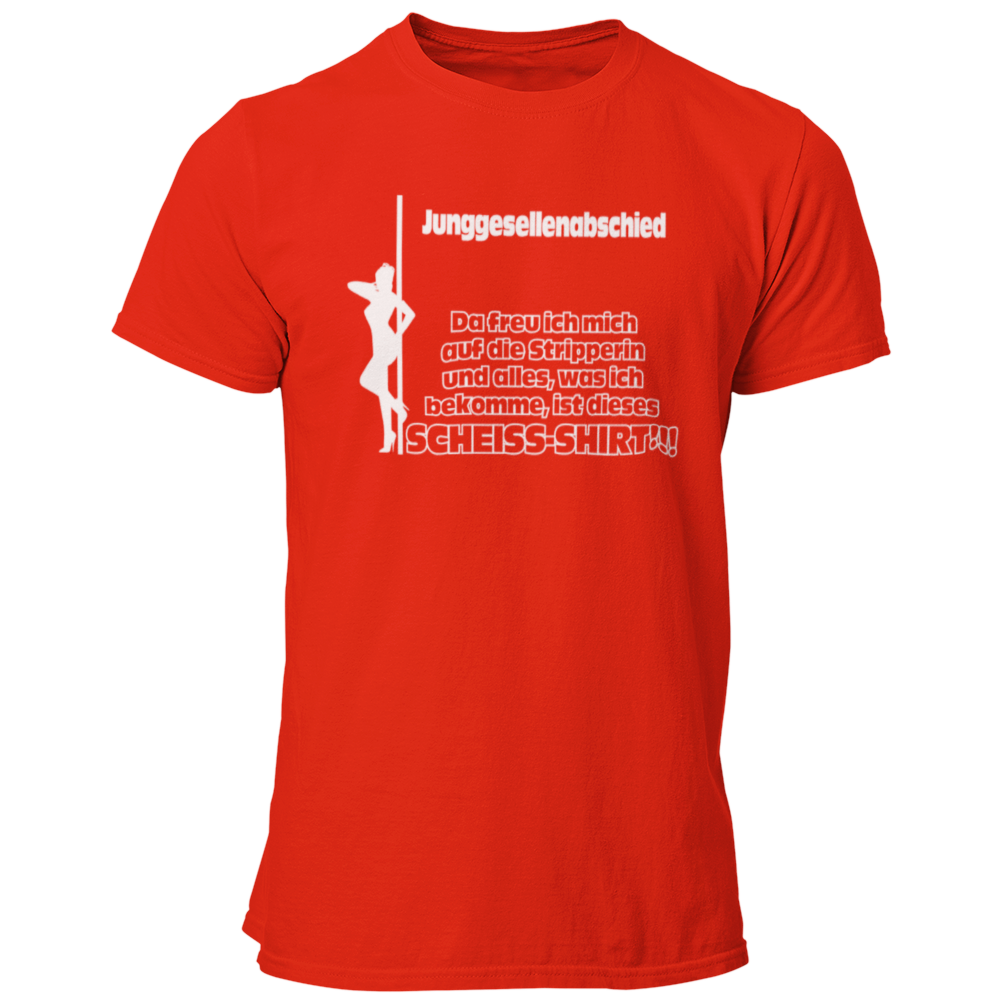 Das JGA T-Shirt "Scheiß Shirt" bringt die perfekte Mischung aus Humor und Vorfreude auf den Junggesellenabschied! Mit dem witzigen Spruch „Da freut man sich auf die Stripperin und alles, was man bekommt, ist dieses Scheiß JGA Shirt!“ sorgt es für viele Lacher unter Freunden. Egal, ob die Stripperin kommt oder nicht – der Fokus liegt auf dem Feiern in der Gruppe und dem Feiern der bevorstehenden Hochzeit