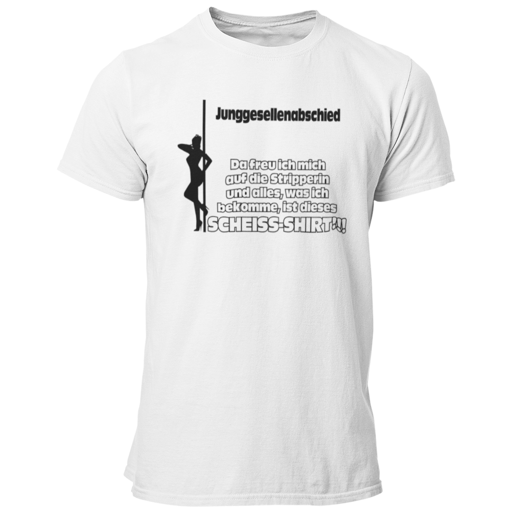 Das JGA T-Shirt "Scheiß Shirt" bringt die perfekte Mischung aus Humor und Vorfreude auf den Junggesellenabschied! Mit dem witzigen Spruch „Da freut man sich auf die Stripperin und alles, was man bekommt, ist dieses Scheiß JGA Shirt!“ sorgt es für viele Lacher unter Freunden. Egal, ob die Stripperin kommt oder nicht – der Fokus liegt auf dem Feiern in der Gruppe und dem Feiern der bevorstehenden Hochzeit