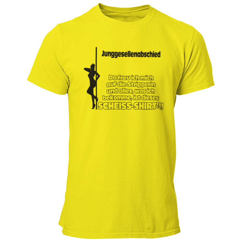 Das JGA T-Shirt "Scheiß Shirt" bringt die perfekte Mischung aus Humor und Vorfreude auf den Junggesellenabschied! Mit dem witzigen Spruch „Da freut man sich auf die Stripperin und alles, was man bekommt, ist dieses Scheiß JGA Shirt!“ sorgt es für viele Lacher unter Freunden. Egal, ob die Stripperin kommt oder nicht – der Fokus liegt auf dem Feiern in der Gruppe und dem Feiern der bevorstehenden Hochzeit