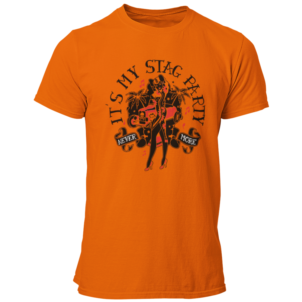 JGA-T-Shirt "Stag Party" im Rockabilly-Look mit einem stilvollen Design in schwarz, rot und weiß. Ideal für einen coolen Junggesellenabschied, ohne kitschig zu wirken. Das Motiv ist subtil und könnte auch aus einer bekannten Modelinie stammen.