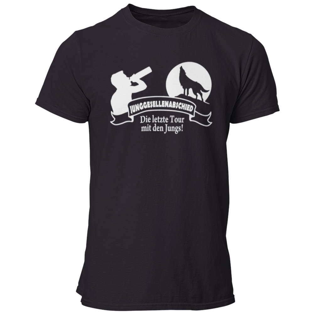 JGA T-Shirt mit dem Aufdruck 'Die letzte Tour mit den Jungs!' und einem Wolf vor einem aufgehenden Mond. Ideal für die JGA-Clique, um den Abschied des Junggesellen festlich zu feiern. Das stylische Design mit Banner sorgt für einen auffälligen Look auf der Tanzfläche.