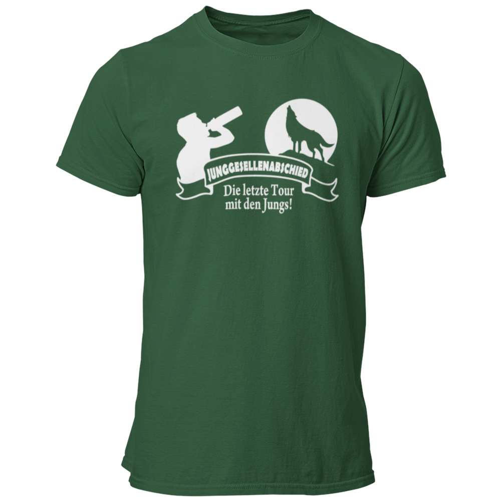 JGA T-Shirt mit dem Aufdruck 'Die letzte Tour mit den Jungs!' und einem Wolf vor einem aufgehenden Mond. Ideal für die JGA-Clique, um den Abschied des Junggesellen festlich zu feiern. Das stylische Design mit Banner sorgt für einen auffälligen Look auf der Tanzfläche.