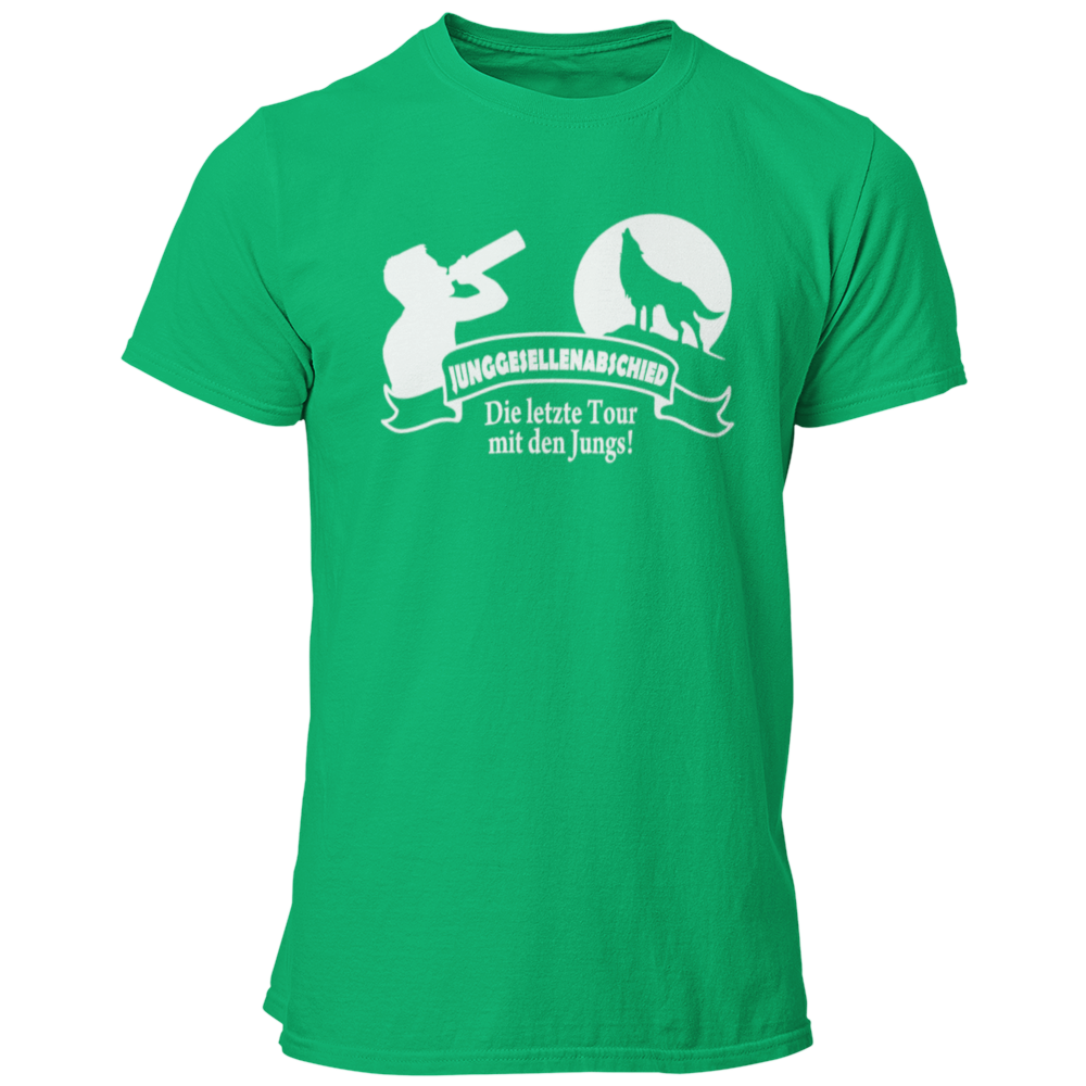 JGA T-Shirt mit dem Aufdruck 'Die letzte Tour mit den Jungs!' und einem Wolf vor einem aufgehenden Mond. Ideal für die JGA-Clique, um den Abschied des Junggesellen festlich zu feiern. Das stylische Design mit Banner sorgt für einen auffälligen Look auf der Tanzfläche.