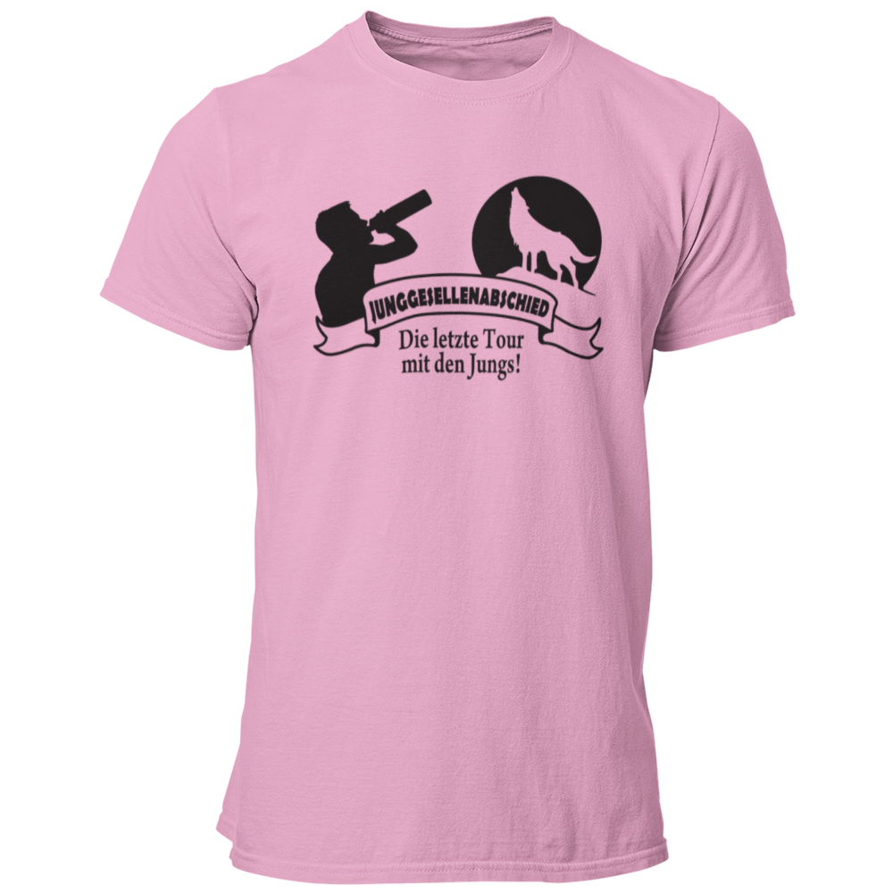 JGA T-Shirt mit dem Aufdruck 'Die letzte Tour mit den Jungs!' und einem Wolf vor einem aufgehenden Mond. Ideal für die JGA-Clique, um den Abschied des Junggesellen festlich zu feiern. Das stylische Design mit Banner sorgt für einen auffälligen Look auf der Tanzfläche.