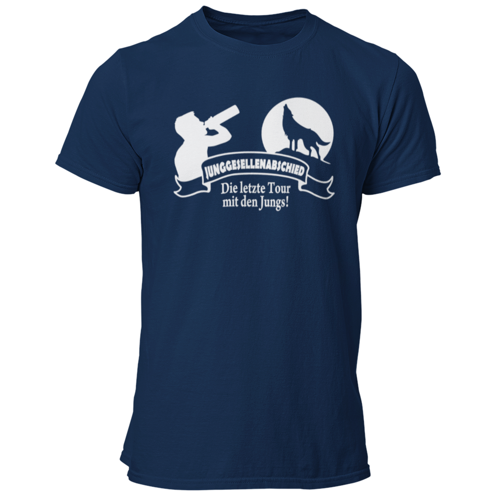 JGA T-Shirt mit dem Aufdruck 'Die letzte Tour mit den Jungs!' und einem Wolf vor einem aufgehenden Mond. Ideal für die JGA-Clique, um den Abschied des Junggesellen festlich zu feiern. Das stylische Design mit Banner sorgt für einen auffälligen Look auf der Tanzfläche.