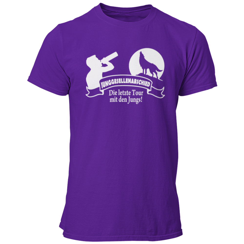 JGA T-Shirt mit dem Aufdruck 'Die letzte Tour mit den Jungs!' und einem Wolf vor einem aufgehenden Mond. Ideal für die JGA-Clique, um den Abschied des Junggesellen festlich zu feiern. Das stylische Design mit Banner sorgt für einen auffälligen Look auf der Tanzfläche.