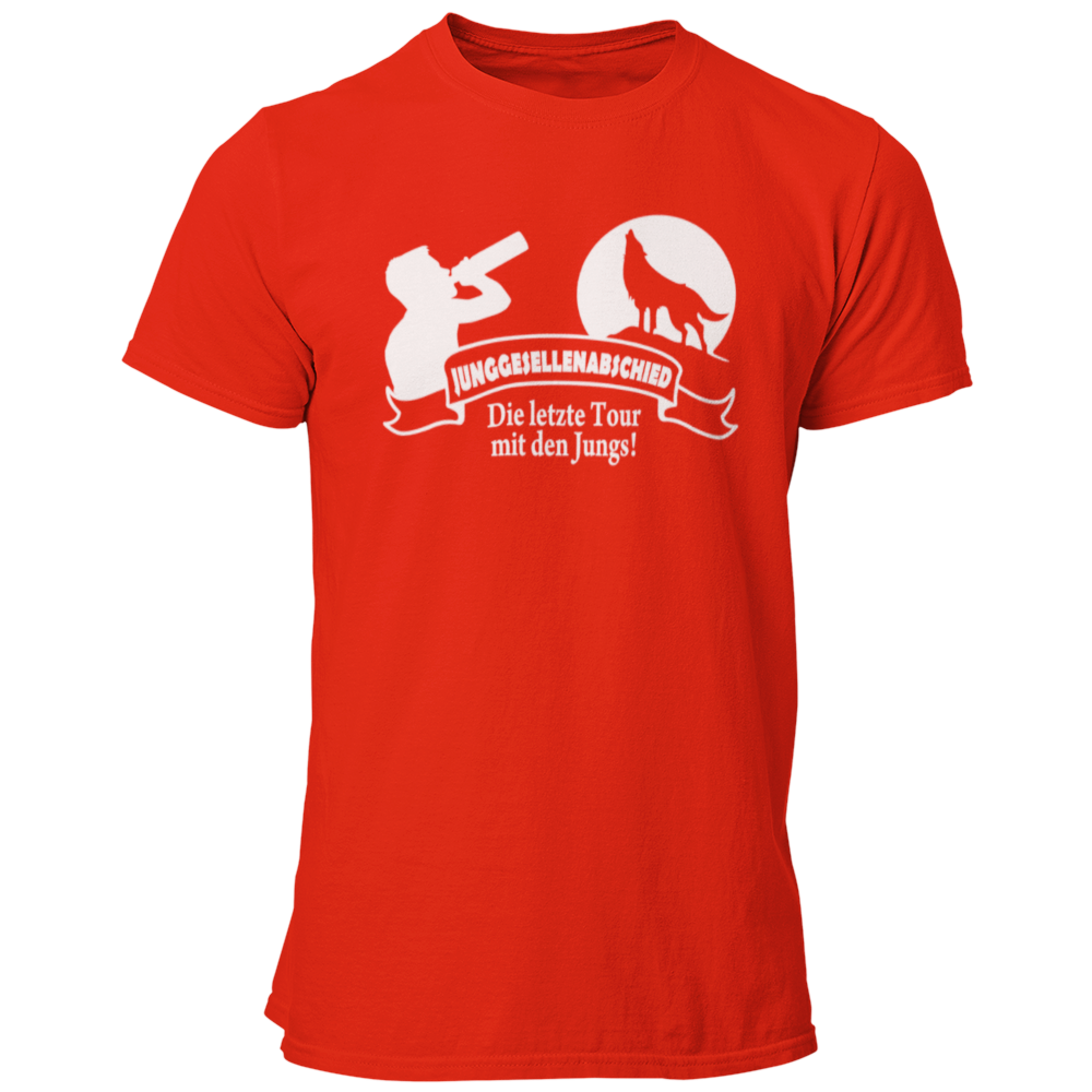 JGA T-Shirt mit dem Aufdruck 'Die letzte Tour mit den Jungs!' und einem Wolf vor einem aufgehenden Mond. Ideal für die JGA-Clique, um den Abschied des Junggesellen festlich zu feiern. Das stylische Design mit Banner sorgt für einen auffälligen Look auf der Tanzfläche.