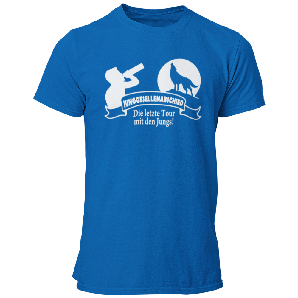 JGA T-Shirt mit dem Aufdruck 'Die letzte Tour mit den Jungs!' und einem Wolf vor einem aufgehenden Mond. Ideal für die JGA-Clique, um den Abschied des Junggesellen festlich zu feiern. Das stylische Design mit Banner sorgt für einen auffälligen Look auf der Tanzfläche.