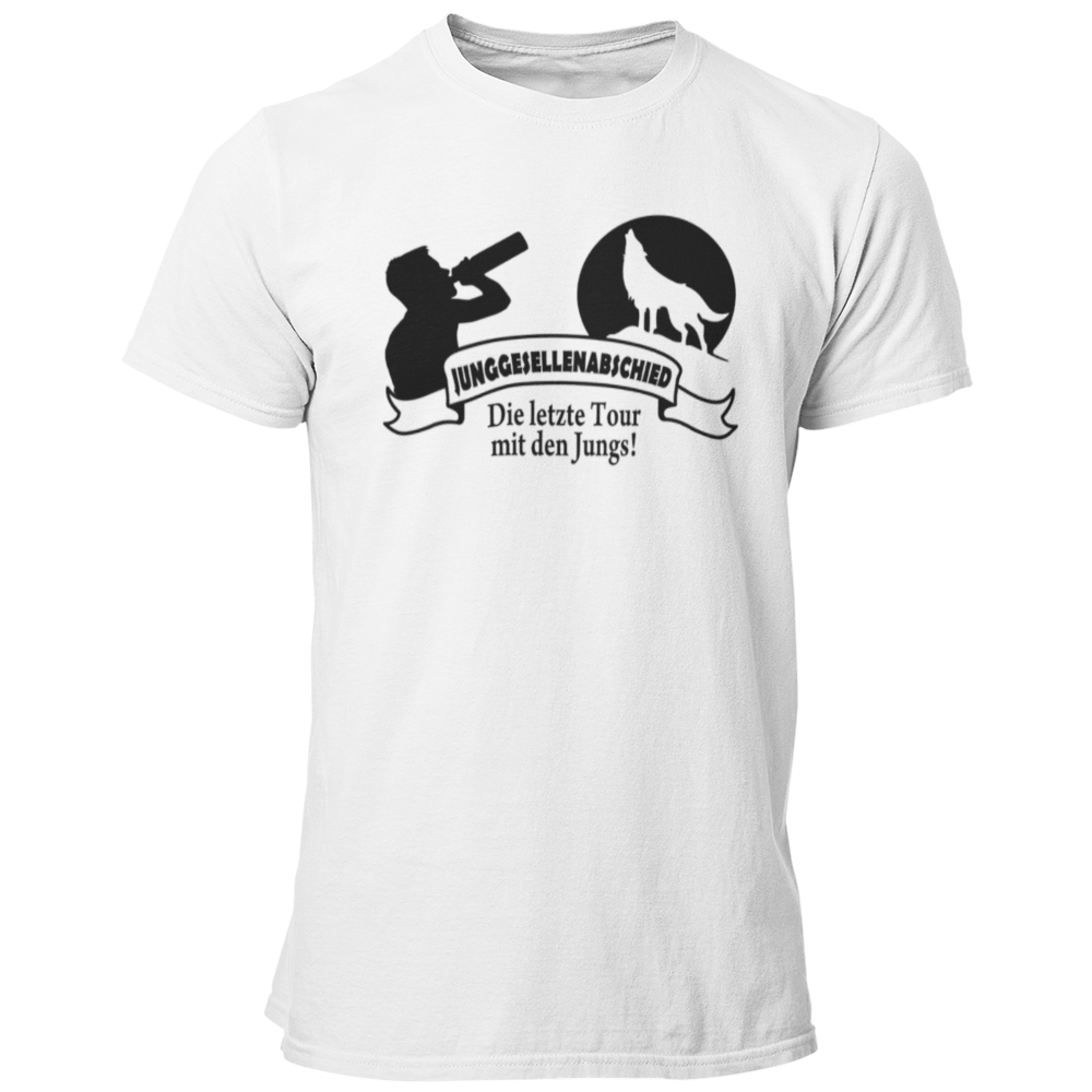 JGA T-Shirt mit dem Aufdruck 'Die letzte Tour mit den Jungs!' und einem Wolf vor einem aufgehenden Mond. Ideal für die JGA-Clique, um den Abschied des Junggesellen festlich zu feiern. Das stylische Design mit Banner sorgt für einen auffälligen Look auf der Tanzfläche.