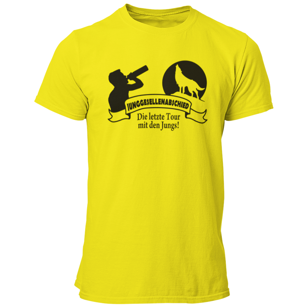 JGA T-Shirt mit dem Aufdruck 'Die letzte Tour mit den Jungs!' und einem Wolf vor einem aufgehenden Mond. Ideal für die JGA-Clique, um den Abschied des Junggesellen festlich zu feiern. Das stylische Design mit Banner sorgt für einen auffälligen Look auf der Tanzfläche.