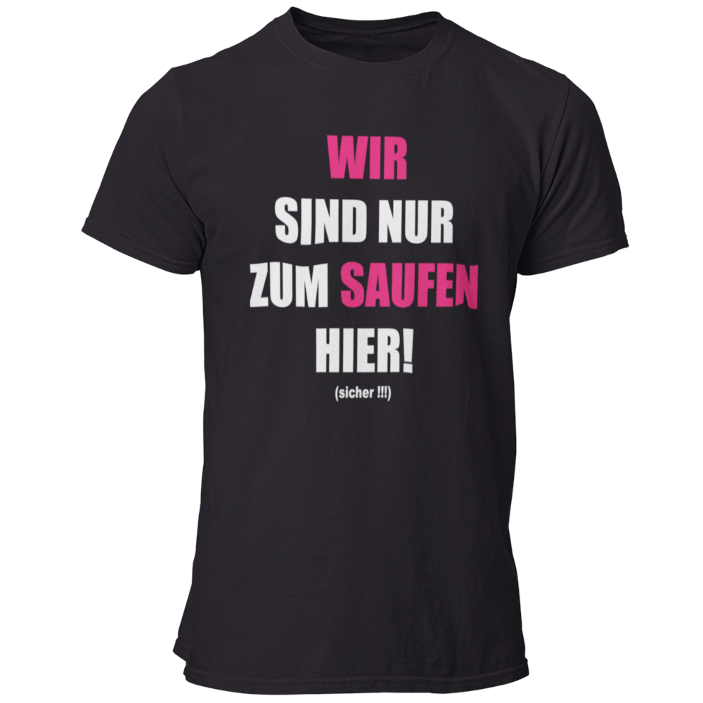 JGA T-Shirt 'Wir sind nur zum Saufen hier' mit einem humorvollen und direkten Design, das die klare Botschaft des Abends verkündet. Das Shirt informiert, dass der Fokus auf Feiern und Spaß liegt, während das Heiraten dem Bräutigam überlassen bleibt. Der knallige Aufdruck auf schlichten Textilfarben sorgt für Aufmerksamkeit und ist ein garantierter Hingucker. Ideal für die JGA-Crew, um sich entspannt zurückzulehnen, während sie die Spiele und Scherze rund um den Junggesellen genießen. Prost auf den Junggesel