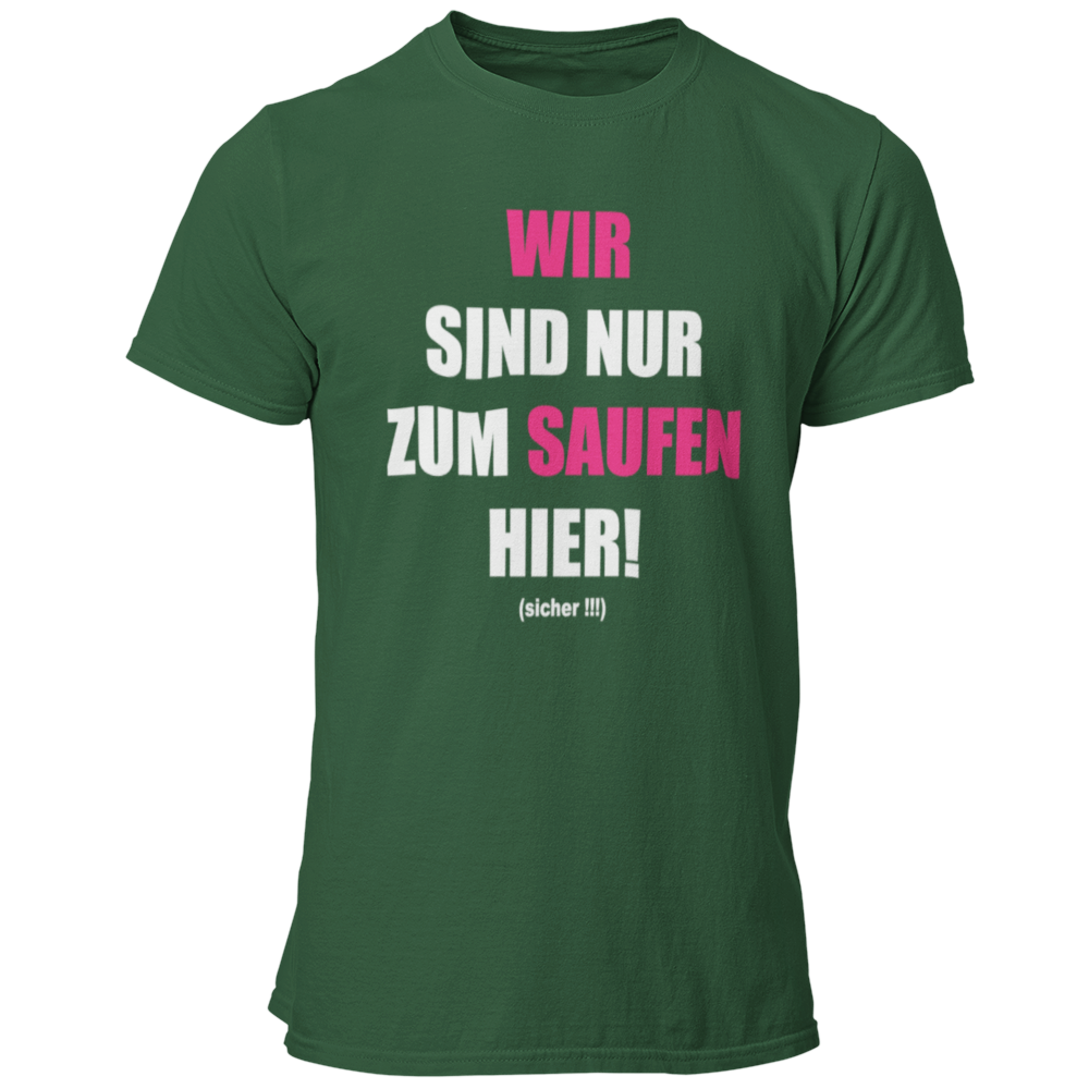 JGA T-Shirt 'Wir sind nur zum Saufen hier' mit einem humorvollen und direkten Design, das die klare Botschaft des Abends verkündet. Das Shirt informiert, dass der Fokus auf Feiern und Spaß liegt, während das Heiraten dem Bräutigam überlassen bleibt. Der knallige Aufdruck auf schlichten Textilfarben sorgt für Aufmerksamkeit und ist ein garantierter Hingucker. Ideal für die JGA-Crew, um sich entspannt zurückzulehnen, während sie die Spiele und Scherze rund um den Junggesellen genießen. Prost auf den Junggesel