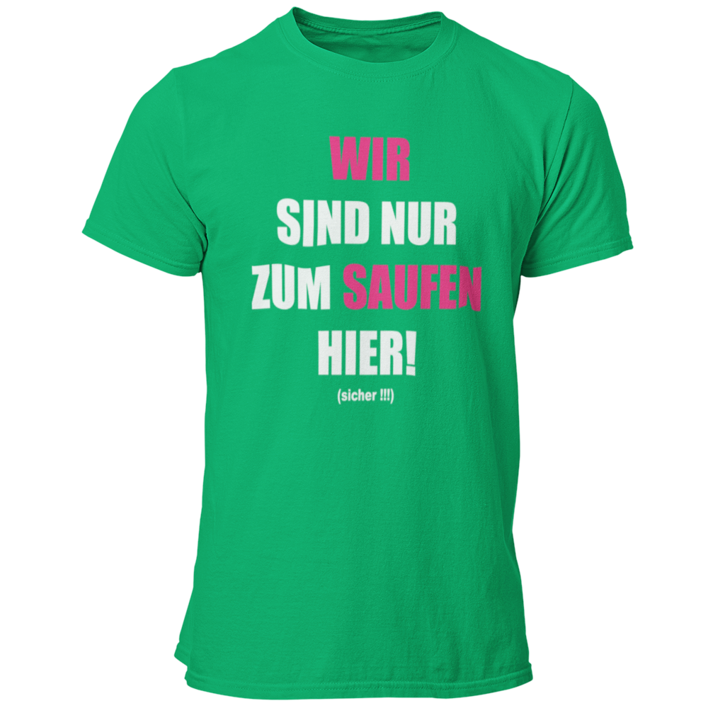 JGA T-Shirt 'Wir sind nur zum Saufen hier' mit einem humorvollen und direkten Design, das die klare Botschaft des Abends verkündet. Das Shirt informiert, dass der Fokus auf Feiern und Spaß liegt, während das Heiraten dem Bräutigam überlassen bleibt. Der knallige Aufdruck auf schlichten Textilfarben sorgt für Aufmerksamkeit und ist ein garantierter Hingucker. Ideal für die JGA-Crew, um sich entspannt zurückzulehnen, während sie die Spiele und Scherze rund um den Junggesellen genießen. Prost auf den Junggesel
