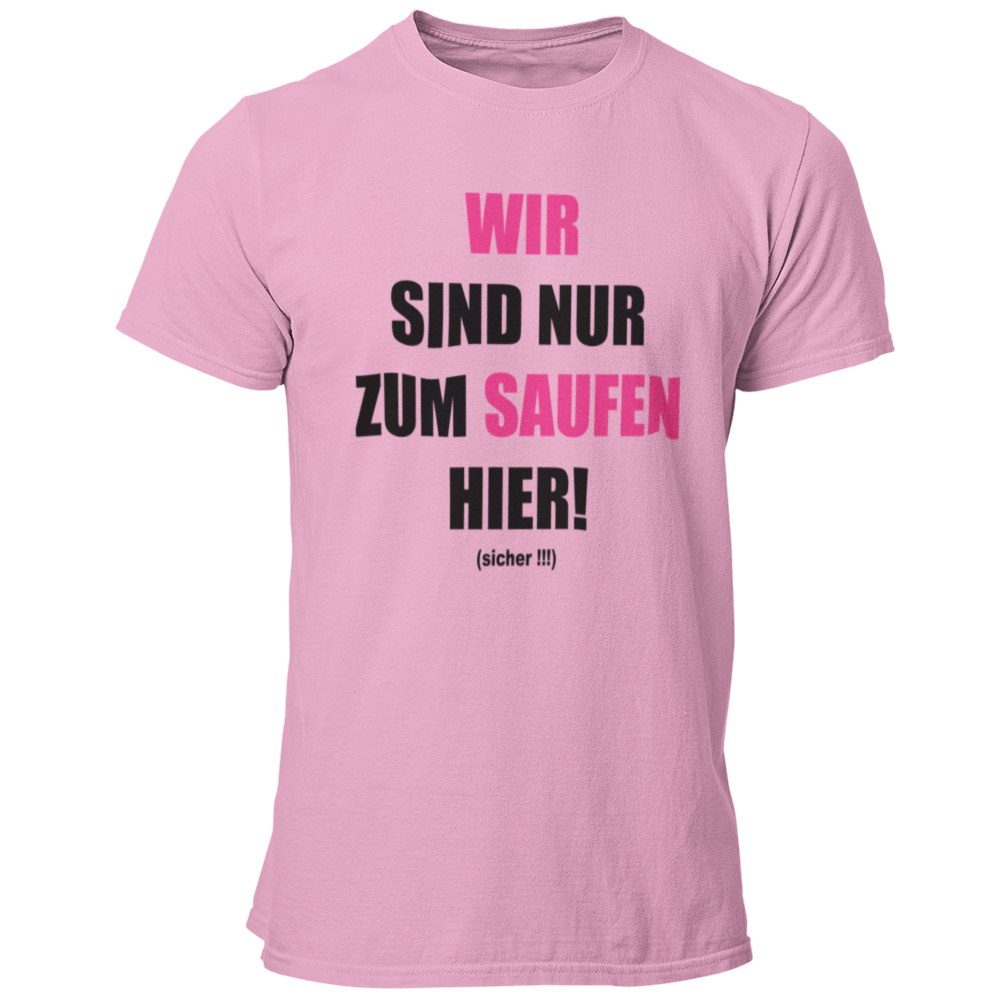JGA T-Shirt 'Wir sind nur zum Saufen hier' mit einem humorvollen und direkten Design, das die klare Botschaft des Abends verkündet. Das Shirt informiert, dass der Fokus auf Feiern und Spaß liegt, während das Heiraten dem Bräutigam überlassen bleibt. Der knallige Aufdruck auf schlichten Textilfarben sorgt für Aufmerksamkeit und ist ein garantierter Hingucker. Ideal für die JGA-Crew, um sich entspannt zurückzulehnen, während sie die Spiele und Scherze rund um den Junggesellen genießen. Prost auf den Junggesel