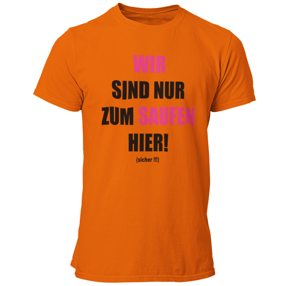 JGA T-Shirt 'Wir sind nur zum Saufen hier' mit einem humorvollen und direkten Design, das die klare Botschaft des Abends verkündet. Das Shirt informiert, dass der Fokus auf Feiern und Spaß liegt, während das Heiraten dem Bräutigam überlassen bleibt. Der knallige Aufdruck auf schlichten Textilfarben sorgt für Aufmerksamkeit und ist ein garantierter Hingucker. Ideal für die JGA-Crew, um sich entspannt zurückzulehnen, während sie die Spiele und Scherze rund um den Junggesellen genießen. Prost auf den Junggesel