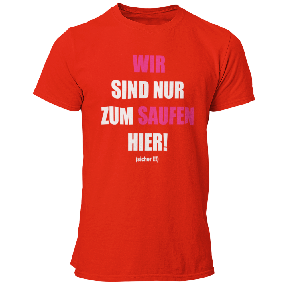 JGA T-Shirt 'Wir sind nur zum Saufen hier' mit einem humorvollen und direkten Design, das die klare Botschaft des Abends verkündet. Das Shirt informiert, dass der Fokus auf Feiern und Spaß liegt, während das Heiraten dem Bräutigam überlassen bleibt. Der knallige Aufdruck auf schlichten Textilfarben sorgt für Aufmerksamkeit und ist ein garantierter Hingucker. Ideal für die JGA-Crew, um sich entspannt zurückzulehnen, während sie die Spiele und Scherze rund um den Junggesellen genießen. Prost auf den Junggesel