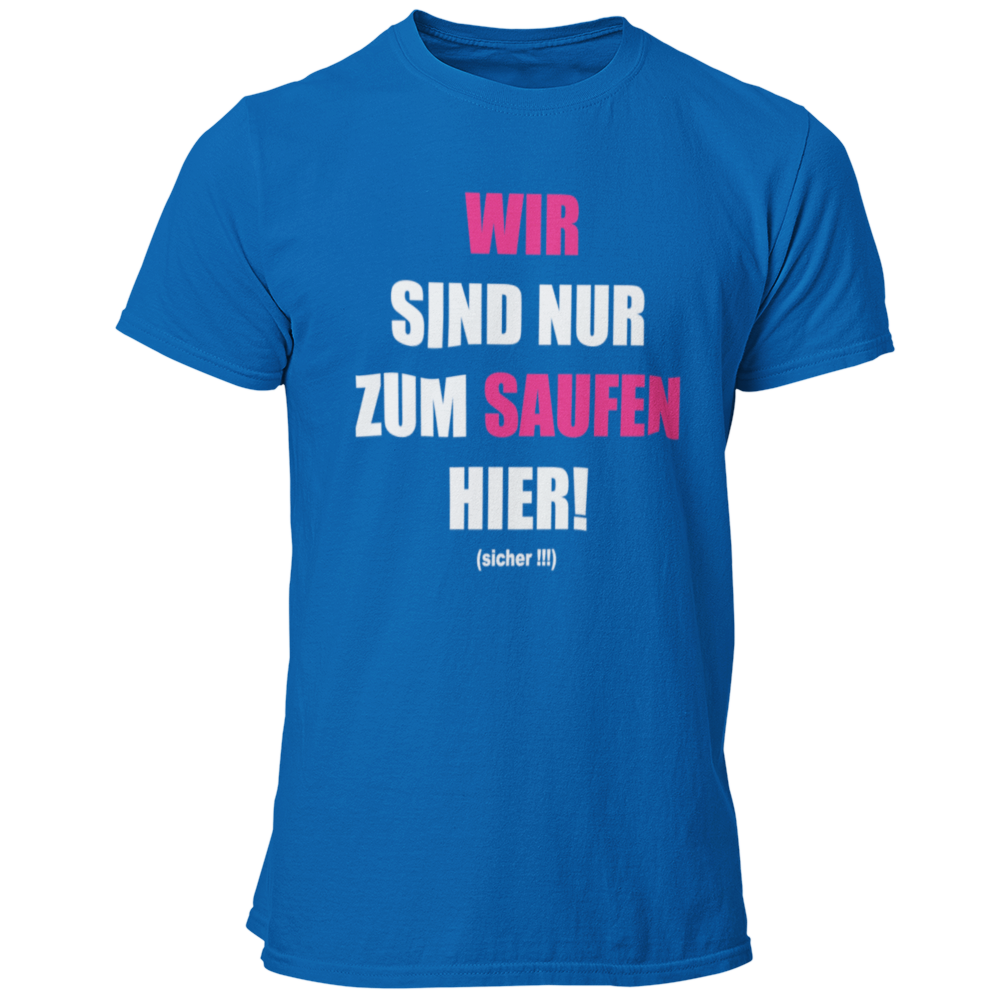 JGA T-Shirt 'Wir sind nur zum Saufen hier' mit einem humorvollen und direkten Design, das die klare Botschaft des Abends verkündet. Das Shirt informiert, dass der Fokus auf Feiern und Spaß liegt, während das Heiraten dem Bräutigam überlassen bleibt. Der knallige Aufdruck auf schlichten Textilfarben sorgt für Aufmerksamkeit und ist ein garantierter Hingucker. Ideal für die JGA-Crew, um sich entspannt zurückzulehnen, während sie die Spiele und Scherze rund um den Junggesellen genießen. Prost auf den Junggesel