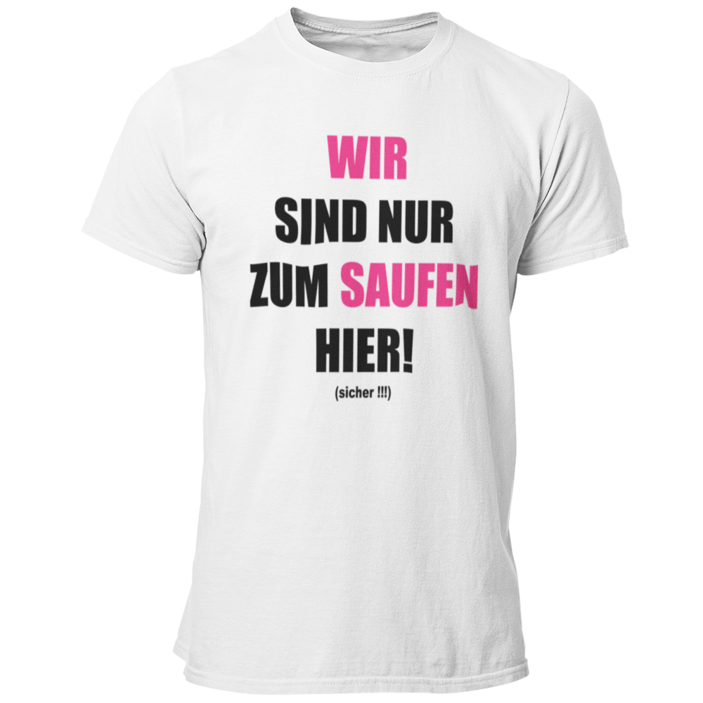 JGA T-Shirt 'Wir sind nur zum Saufen hier' mit einem humorvollen und direkten Design, das die klare Botschaft des Abends verkündet. Das Shirt informiert, dass der Fokus auf Feiern und Spaß liegt, während das Heiraten dem Bräutigam überlassen bleibt. Der knallige Aufdruck auf schlichten Textilfarben sorgt für Aufmerksamkeit und ist ein garantierter Hingucker. Ideal für die JGA-Crew, um sich entspannt zurückzulehnen, während sie die Spiele und Scherze rund um den Junggesellen genießen. Prost auf den Junggesel
