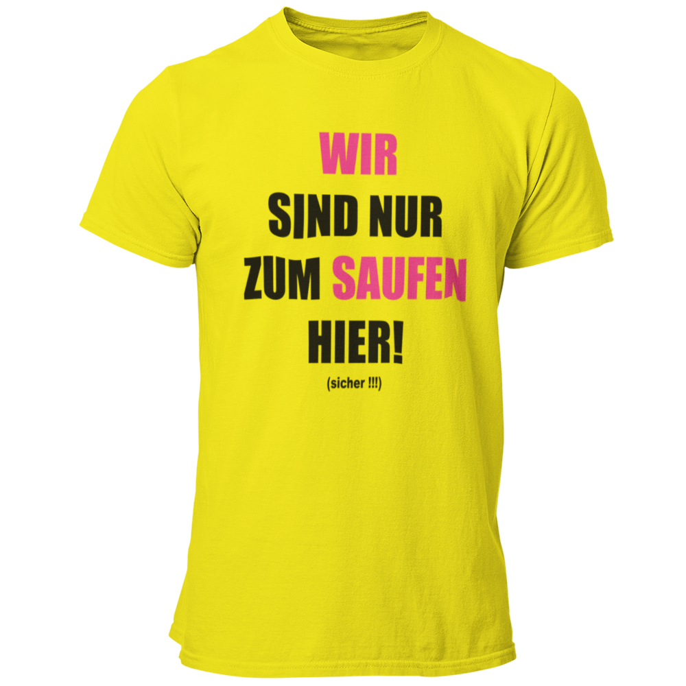 JGA T-Shirt 'Wir sind nur zum Saufen hier' mit einem humorvollen und direkten Design, das die klare Botschaft des Abends verkündet. Das Shirt informiert, dass der Fokus auf Feiern und Spaß liegt, während das Heiraten dem Bräutigam überlassen bleibt. Der knallige Aufdruck auf schlichten Textilfarben sorgt für Aufmerksamkeit und ist ein garantierter Hingucker. Ideal für die JGA-Crew, um sich entspannt zurückzulehnen, während sie die Spiele und Scherze rund um den Junggesellen genießen. Prost auf den Junggesel
