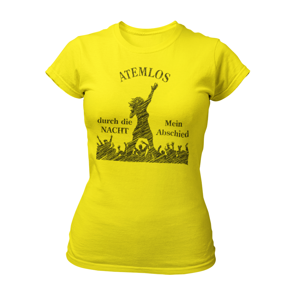 Damen-JGA T-Shirt mit dem Aufdruck "Atemlos durch die Nacht", das auf die unvergessliche Partynacht der Braut und ihrer Freundinnen hinweist. Das Shirt ist in vielen Farben erhältlich und zeigt ein kreatives Motiv, das die Braut als Star auf der Bühne darstellt. Ideal für den Junggesellinnenabschied, lässt sich das Shirt wunderbar mit verschiedenen Accessoires kombinieren, um für eine fröhliche und feierliche Atmosphäre zu sorgen.