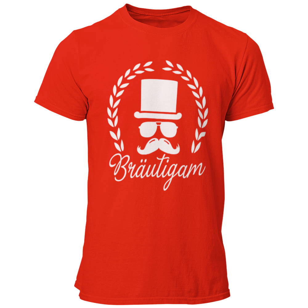 JGA T-Shirt 'Bräutigam mit Hut', das stilvoll und schlicht gestaltet ist. Das Shirt zeigt eine stilisierte Grafik eines Bräutigams mit Brille, Schnurrbart und Zylinder, umgeben von einem Lorbeerkranz. Der elegante Schriftzug 'Bräutigam' in Schreibschrift lockert das Design auf. Dieses gerade geschnittene T-Shirt ist in vielen Farben erhältlich und eignet sich perfekt für den Junggesellenabschied, ohne dabei albern oder kitschig zu wirken. Es ist ideal für Bräutigame, die ein geschmackvolles und ansprechende