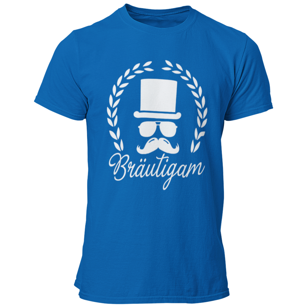JGA T-Shirt 'Bräutigam mit Hut', das stilvoll und schlicht gestaltet ist. Das Shirt zeigt eine stilisierte Grafik eines Bräutigams mit Brille, Schnurrbart und Zylinder, umgeben von einem Lorbeerkranz. Der elegante Schriftzug 'Bräutigam' in Schreibschrift lockert das Design auf. Dieses gerade geschnittene T-Shirt ist in vielen Farben erhältlich und eignet sich perfekt für den Junggesellenabschied, ohne dabei albern oder kitschig zu wirken. Es ist ideal für Bräutigame, die ein geschmackvolles und ansprechende